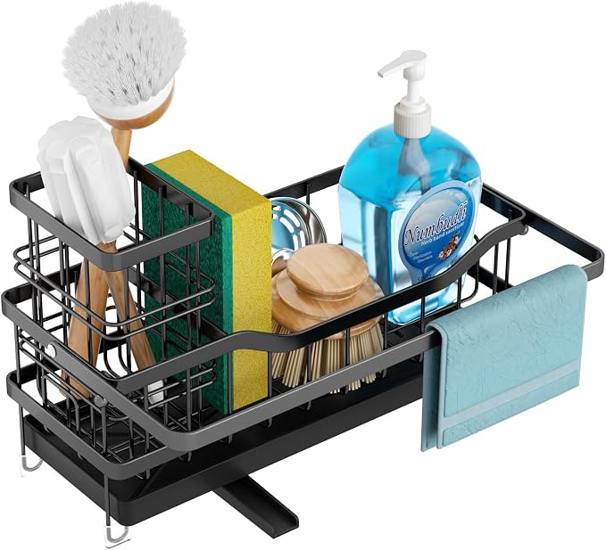 Sponge Holder for Kitchen Sink, Self-draining Sink Organizer with Towel Rack and Brush Holder, Metal Kitchen Sink Organizer for Countertop, Black - Image 8