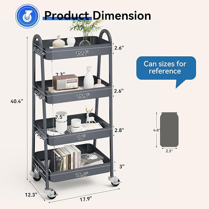 NEWBULIG 4-Tier Metal Rolling Storage Utility Cart with Lockable Wheels | Mobile Organizer Shelf, Space-Saving, Freestanding, Bathroom, Living Room, Slim, Narrow Corner Spaces, Grey - Image 4