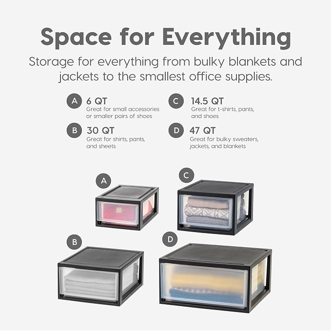 IRIS USA 4-Pack, 6 Qt. Small Stacking Drawer Storage Organizer, Black | Organize dorm essentials, school supplies, toiletries, snacks, and accessories with stackable drawers for small-space storage - Image 10