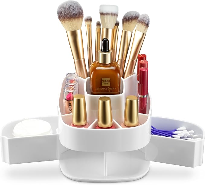 Masirs Small 360 Rotating Makeup Organizer, 5 Compartments, Square White | Small 360 Rotating Makeup Organizer, 5 Compartments, Acrylic Mini Lazy Susan, Vanity Bathroom Counter, Square White by Masirs