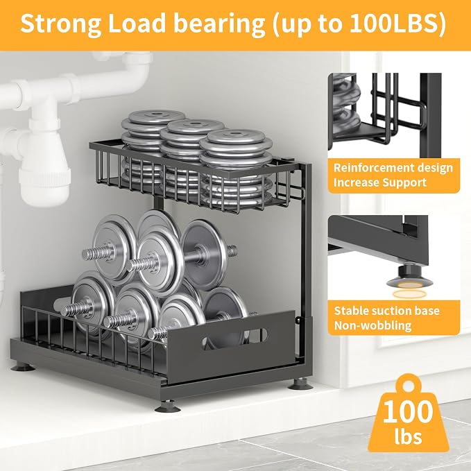 2-Pack L-Shaped Under Sink Organizer, 2-Tier Pull-out Cabinet Rack | Black Height-Adjustable Steel Rack, Sliding Grid Drawers with PP Liners, Holds 100 Lbs, Suction Base, Ideal Kitchen Storage - Image 6
