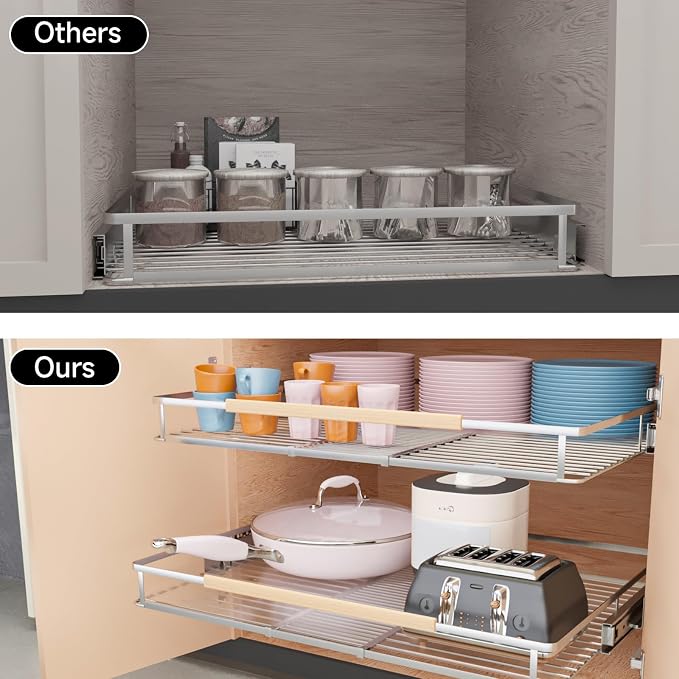 2Pack Expandable Pull Out Cabinet Organizer, 12.3"-18.5" W x 22.5" D | Stainless Steel Slide Out Drawers, Heavy Duty Drawer Slides, For Kitchen Cabinets Pantry Cupboard, Adjustable Width - Image 4