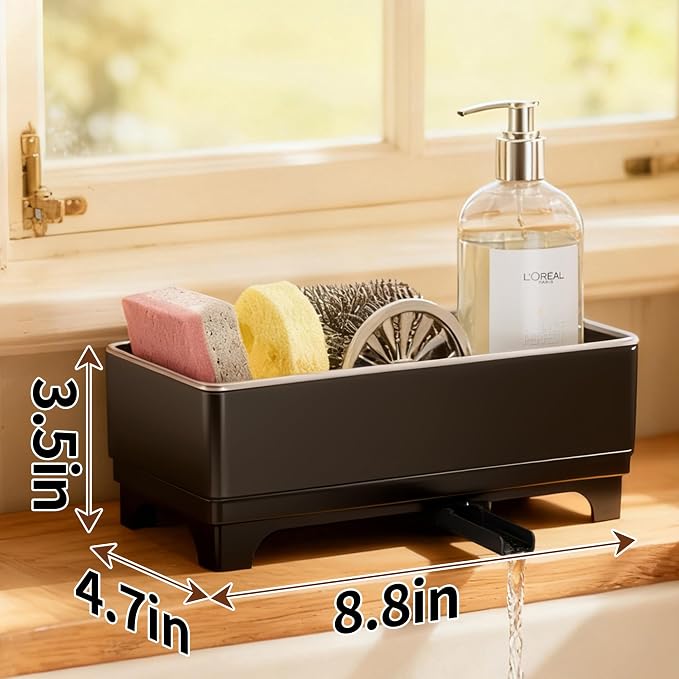MOUKABAL Sponge Holder for Kitchen Sink, Rustproof Stainless Steel Black | Large Capacity/360° Rotating Drain Keeps Counter Dry/Holds Sponges & Soap Bottle/Easy-Clean Removable Tray - Image 3