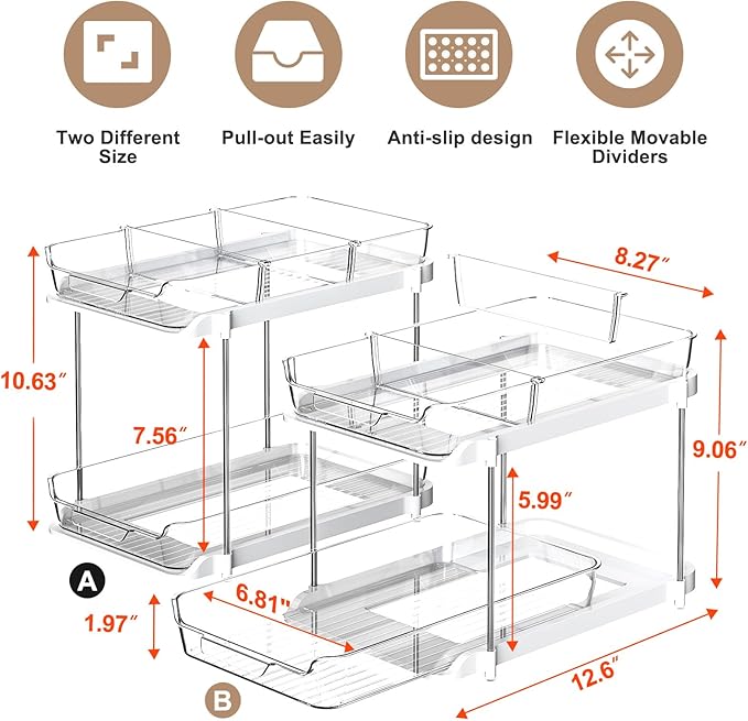 Delamu 2-Tier Multi-Purpose Bathroom Under Sink Organizers and Storage, Stackable Kitchen Pantry Organization, Pull Out Medicine Cabinet Organizer with Movable Dividers, White, 2 Pack - Image 2