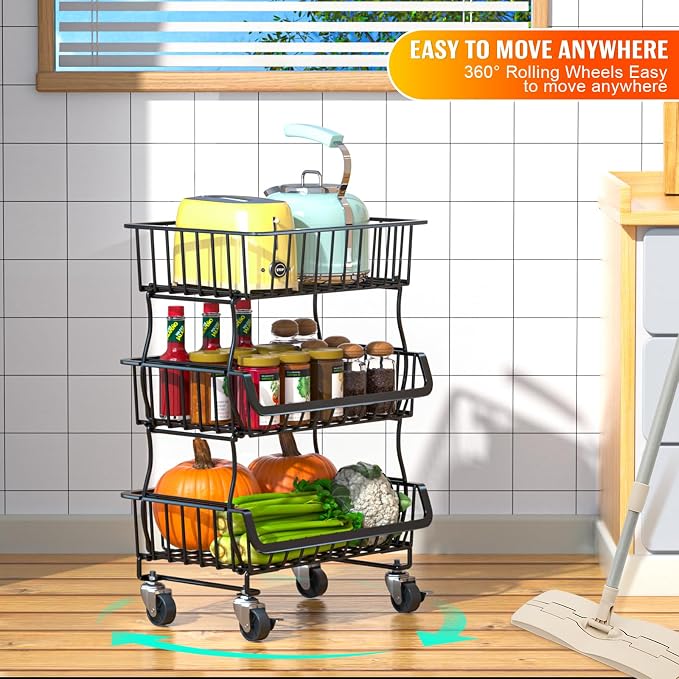 Gsiekare 3-Tier Rolling Pantry Organizer and Storage Cart with Wheels | Stackable wire pantry baskets for pantry shelves, fruit basket stand, easy to move, storage rack for food snack onion potato - Image 7