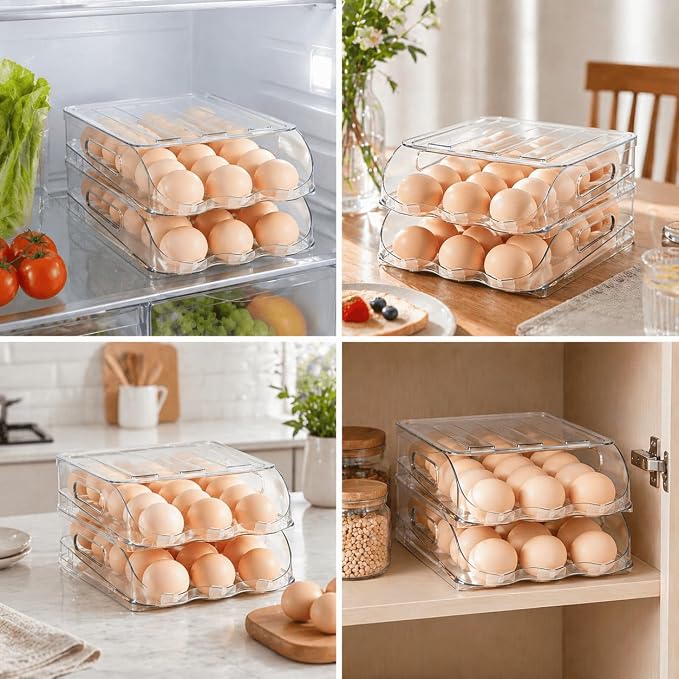 SMRCAD 36-Egg Dispenser with Silicone Bumpers, Auto-Rolling, Stackable | BPA-free food-grade PET | Stackable with lid | Built-in handle | 11.92"L x 8.85"W x 5.4"H | Hand wash only - Image 5