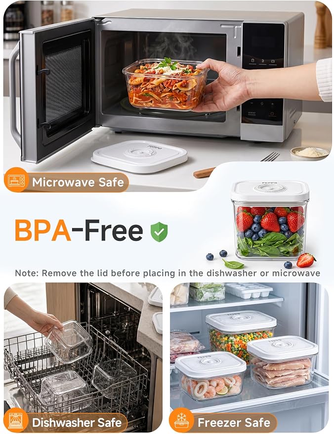 FEPPO Vacuum Sealers Containers for Food Storage, 3 Pcs Set [1* Small, 1* Medium, 1* Large] Works with Handheld Compact Vacuum Sealer Machine for Fridge, Freezer & Pantry, BPA-Free, Date Tracking Lid - Image 3