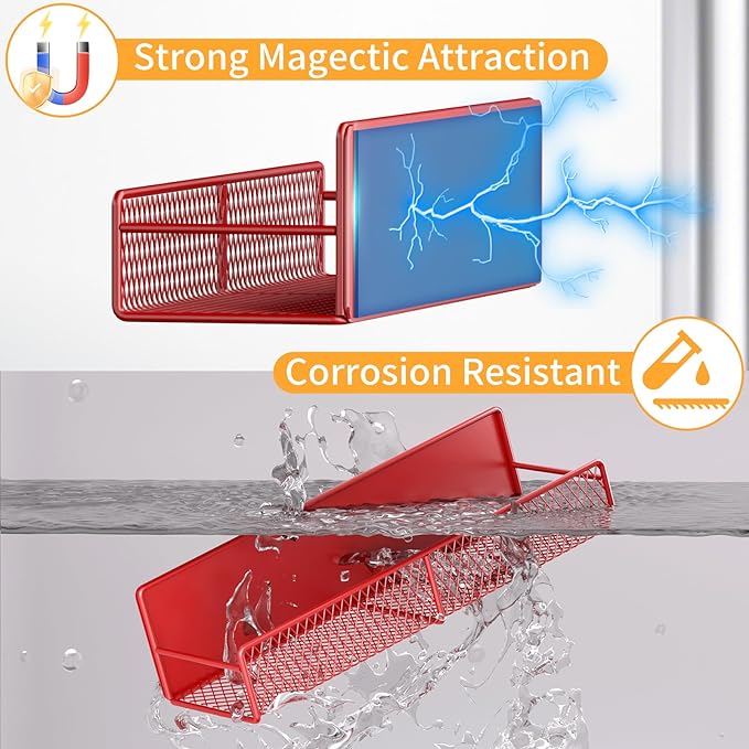 Magnetic Spice Rack for Refrigerator, 2 Pack 100% Metal Strong Magnet Shelf, Space Saving Spice Organizer W/ Hooks, Movable Magnetic Fridge Shelf, Kitchen Home Laundry Room Storage Organization, Red - Image 3