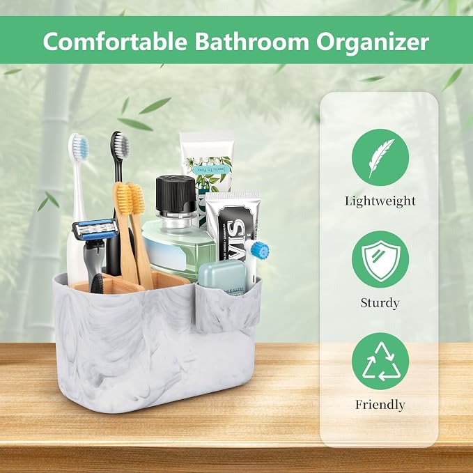 GFWARE Marble Toothbrush Holder, Bathroom Storage Organizer with Small Box | 5 Slots Kids Electric Toothbrush and Toothpaste Holder with Bamboo Divider, Marble-Look Bathroom Accessories Storage - Image 4