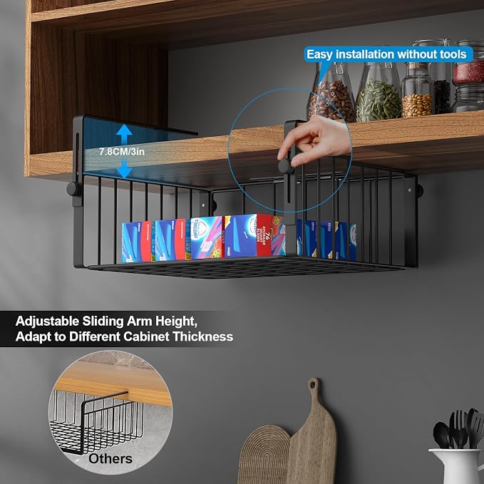 AmonHouseware 2Pack Under Shelf Storage Basket Organizer, Black | Adjustable Hanging,Under Cabinet Add-on, Slide-in Baskets, for Laundry Room Kitchen Pantry Desk Bookshelf Counter Cupboard - Image 2