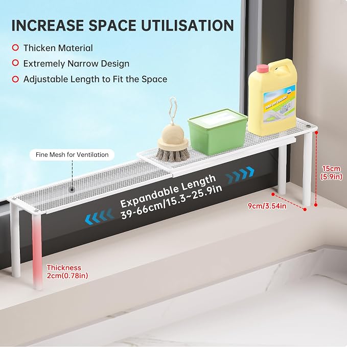Expandable Kitchen Sink Organizer Window Shelf for Plants Stackable Narrow Shelves Kitchen Countertop Holder Mesh Design (1, White (Depth 3.54")) - Image 4