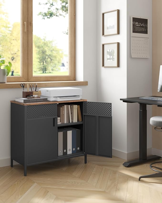 SONGMICS Set of 2 Storage Cabinets, Metal Cabinet, Sideboard with 2 Doors, 15.7 x 31.5 x 29.9 Inches, Magnetic Closure, Adjustable Shelf, Steel Frame, Rustic Brown and Black ULSC791B01 | Metal Cabinet, 15.7 x 31.5 x 29.9 Inches, Magnetic Closure, Adjus... - Image 2
