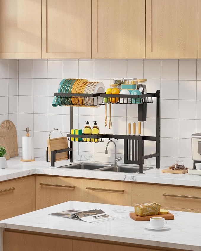 Sakugi Over The Sink Dish Drying Rack - Adjustable 2 Tier Large Capacity Stainless Steel Drainer with Cutlery & Utensil Holders, Kitchen Storage & Organization, 30"-33.9" L x 11" W x 21.5" H, Black - Image 8