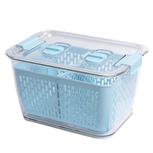 Kitchen Spaces Colander Bin, Produce Saver, Fridge Organizer With Lid, Wash, Strain and Store, Great for Refrigerator, Freezer and Pantry, Medium, Blue, Pack of 1 - Image 2