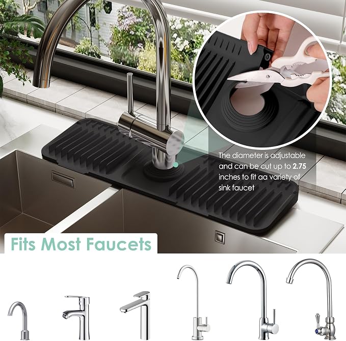 17.7-Inch Silicone Faucet Mat for Kitchen Sink Splash Guard, 7° Slope | 17.7"x5.5" water draining mat with fasten button; 1.6-2.75" customizable hole for bathroom, RV & kitchen sink drip catcher. - Image 3