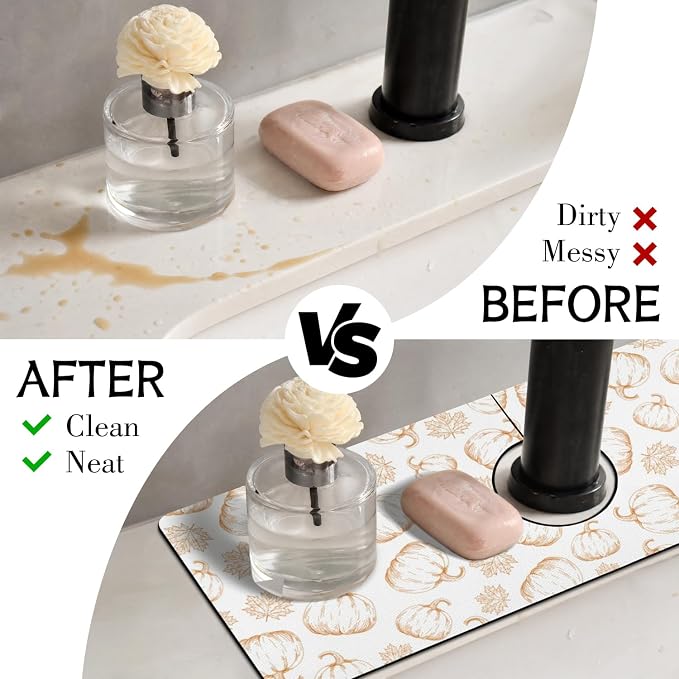 Fall Kitchen Sink Splash Guard Faucet Mat,White Maple Leaf Pumpkin Autumn Thanksgiving Faucet Non-Slip Absorbent Mat,Farmhouse Sink Splash Guard Behind Faucet for Kitchen Bathroom, 15"x5.5" - Image 3