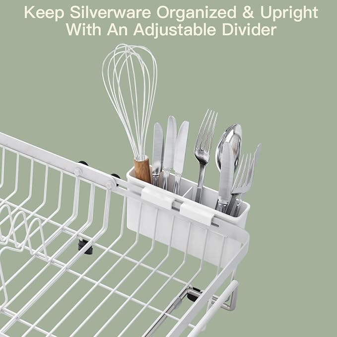 White Dish Drying Rack Over The Sink with Utensil Holder, Mat | Expandable Stainless Steel Dish Drainer for Small Kitchen, Apartment, RV, Counter Space Saving, Perfect Fit, Rustproof - Image 9