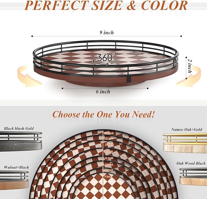 AMH 9-Inch Brown Checkerboard Lazy Susan Organizer with Black Metal Rail | Smooth rotating oak tray with walnut finish for dining tables, kitchen counters, pantries and cabinet storage. - Image 6
