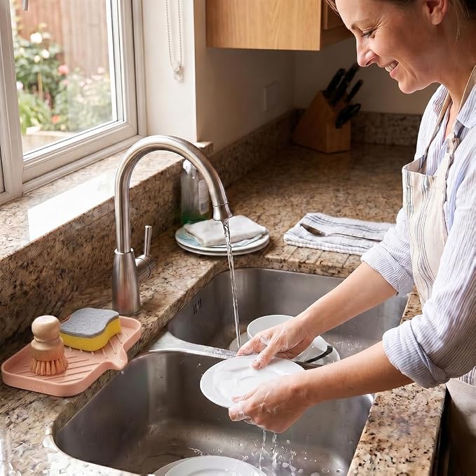 MicoYang Silicone Soap Dish with Drain Spout — Self-Draining Sink Organizer Tray for Bathroom & Kitchen, Sponges, Dispensers & Soap Holder, Non-Slip & Dishwasher Safe, Pink (Medium, 9.6"×5.3") - Image 6