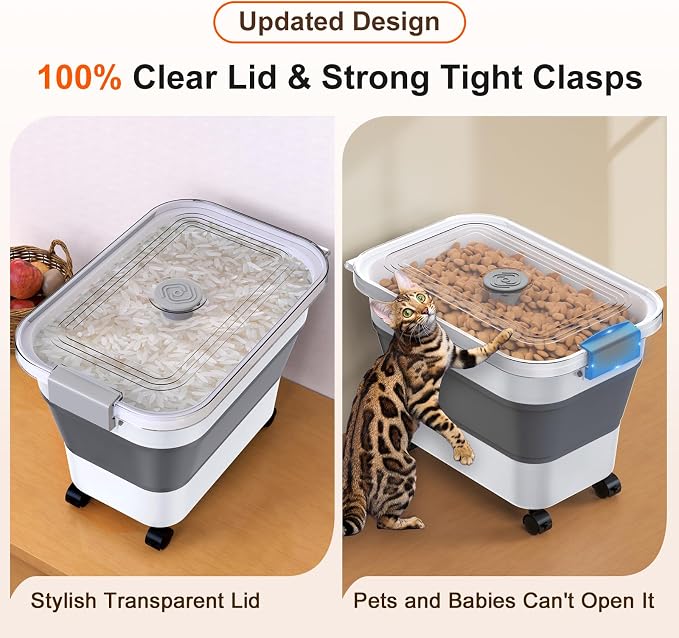 Rice Storage Container, Collapsible Airtight Food Storage Containers 20-30lbs with Clear Lid and Wheels, Rice Dispenser with Scoop for Flour Cereal Pasta Grain, Cat Pet Bird Dog Food Storage Container - Image 2