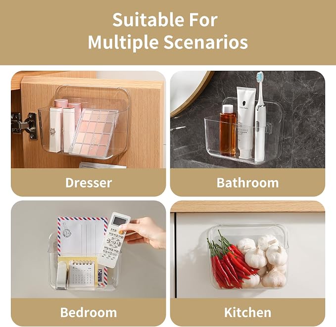Kitchen Under Sink Cabinet Door Organizer, 4 Pack, Adhesive Clear Acrylic Wall Mount Shelf, Bathroom Makeup Storage Bins, Shower Caddy, Spice Rack, Drink Packet Sponge Dishwasher Pod Holder - Image 5