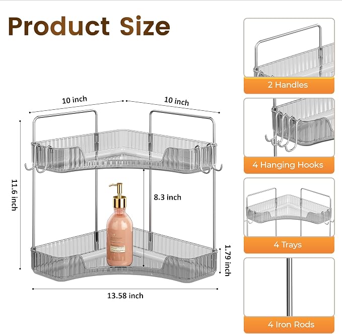 Corner Counter Organizer, 2-Tier Bathroom & Kitchen Storage Tray | Grey Vanity Organizer Storage Countertop with Hooks for Skincare, Makeup & Jewelry - Image 2