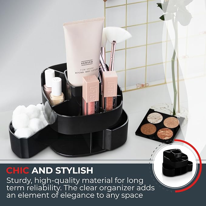 Masirs Small 360 Rotating Makeup Organizer, 5 Compartments, Square Black | Small 360 Rotating Makeup Organizer, 5 Compartments, Acrylic Mini Lazy Susan, Vanity Bathroom Counter, Square Black - Image 4