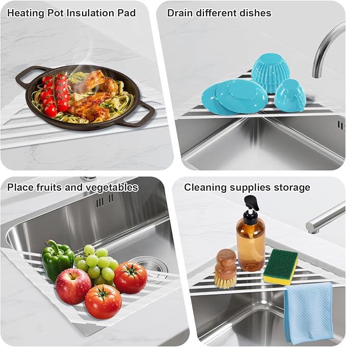 HANZENMA Triangular Sink Rack, Multi-Functional Rack Above the countertop, Foldable Sink Drying mat, Heat-Resistant, Non-Slip, and Rust-Proof Dish Rack (White) - Image 3
