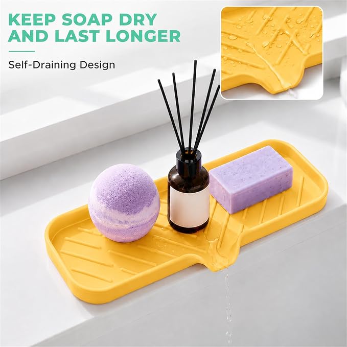 MicoYang Silicone Soap Dish with Drain Spout — Self-Draining Double Sink Organizer Tray for Kitchen & Bathroom, Dispensers, Sponges & Soap Holder, Non-Slip & Dishwasher Safe, Yellow (Large, 12"×4") - Image 7