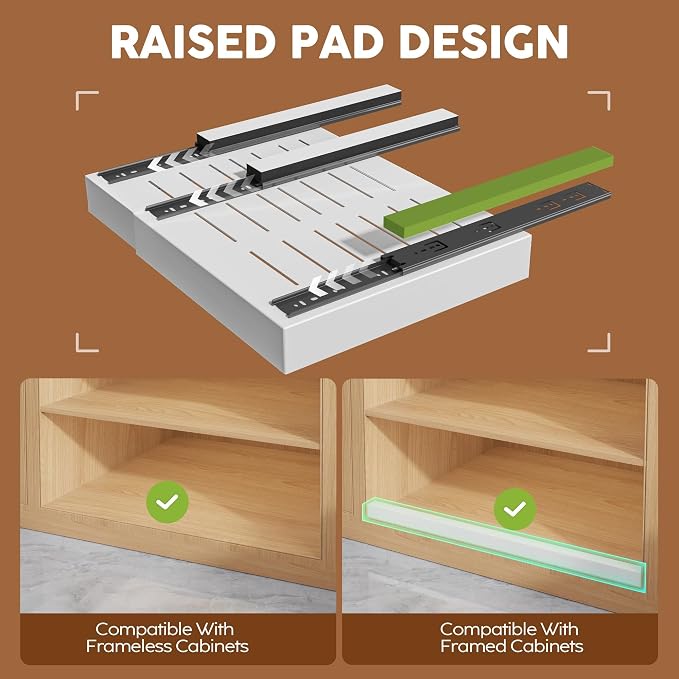 Seinloes 4 Pack Expandable Pull Out Cabinet Organizer 21"Deep With Raising Pad for Framed Cabinets,Upgrade 3 Slide Rails Slide Out Drawers,Roll Out Shelves Adhesive,Adjustable Width 15.15"-26.3" White - Image 2