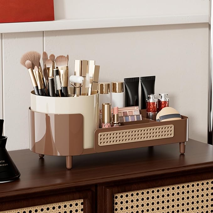Booklov Rotating Makeup Organizer for Vanity Countertop, Coffee | Plastic Cosmetic Display Case, Large Beauty Brush Holder for Bathroom Counter, Skin Care Perfumes Storage - Image 4
