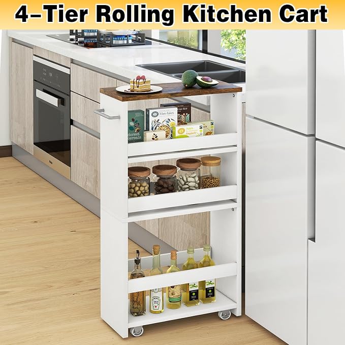 IBUYKE Slim Storage Cart Skinny Rolling Cart Utility Trolley UWST005W | 4-Tier,5.9" Narrow, with Handle & Lockable Wheels, for Kitchen Laundry Room Bathroom, Small Spaces,Space-Saving - Image 2