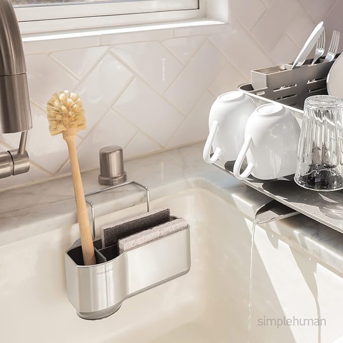 simplehuman Sink Caddy, Sponge Holder for Kitchen Sink with Compartment Dividers, 4 Suction Cups & Wire Ledge Hanger for Secure Mount, Vented Base for Fast Drying, Brushed Stainless Steel - Image 2