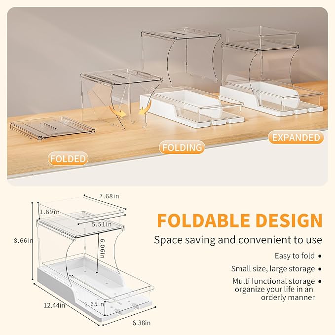 Jsyrjing 2 Pack Pull Out Spice Rack, 2 Tier Clear Cabinet Organizer | Rotating Pantry Organizer for Kitchen, Bathroom and Makeup Storage, Sliding Drawer Design for Under Sink Cabinets - Image 2