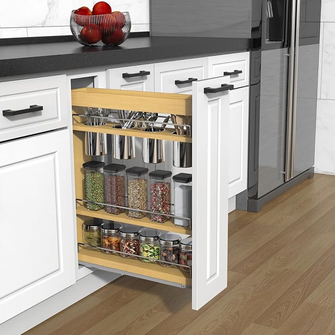 Pull Out Cabinet Organizer 8" Soft-Close Wood Pullout Shelf Organizer for Utilities Kitchen and Bathroom Base Cabinets, Slide Out Spice Rack - Image 2