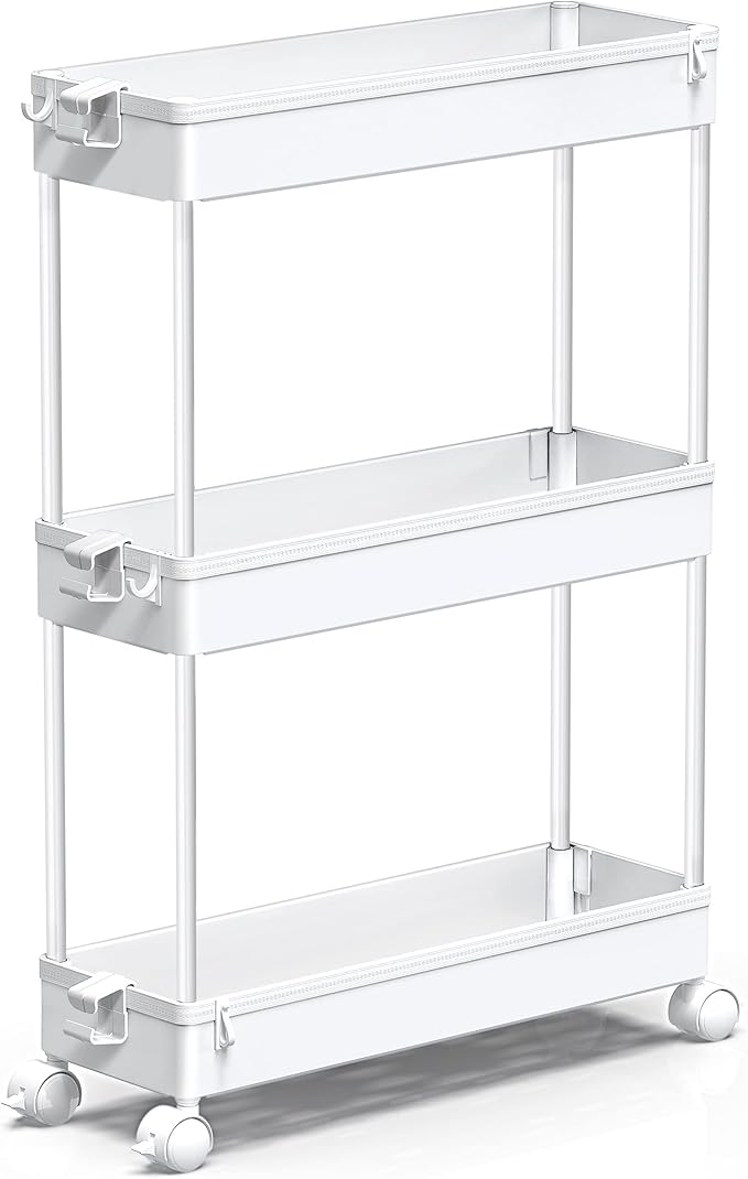 SPACEKEEPER Slim Rolling Storage Cart, 3 Tier Bathroom Cart Organizer,White | Narrow Rolling Cart with Wheels for Kitchen Office Bathroom Laundry Room,Mobile Utility Cart for Craft Art Makeup Nail Polish by SPACEKEEPER
