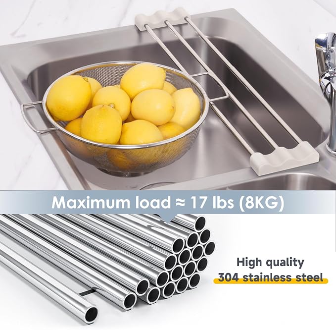 Tomorotec Adjustable Over-The-Sink Kitchen Rack, BPA-Free, White | Holds 16.5 Lbs; For Dishcloths, Sponges, and Brushes - Heat-Resistant Stainless Steel with Slim, Expandable Design - Image 2