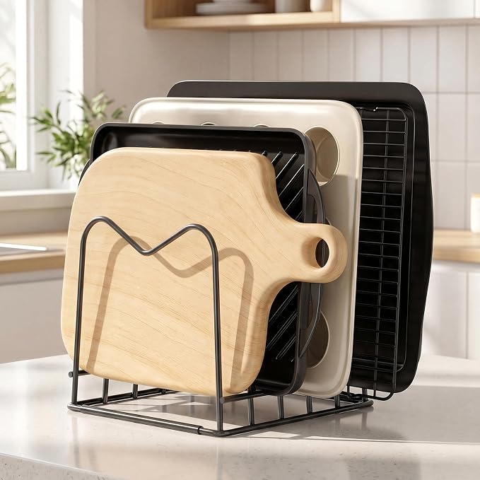 5mm Wire Cutting Board Organizer Holder Stand for Cabinet Countertop | Full silicone strip, no slipping or scratches, 1.2" slot spacing, Holds cutting boards, sheet pans, skillets inside Cabinet - Image 8