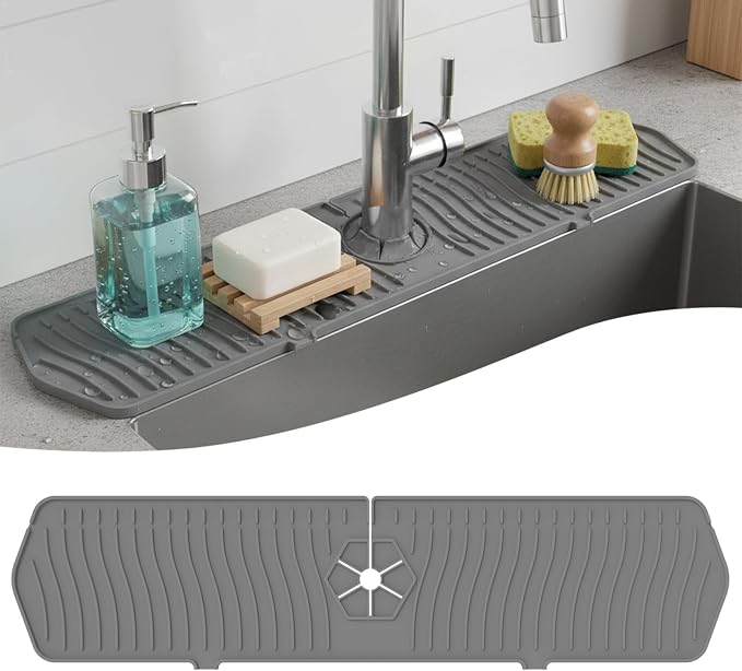 Silicone Faucet Handle Drip Catcher Drying Tray Mat Dish Soap Sponge Holder Accessories Gadgets for Kitchen Counter Bathroom Kitchen Sink Splash Guard (Gray, 24") by Unknown