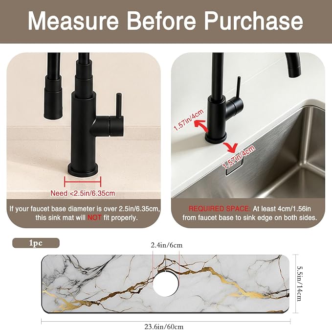 Faucet Mat for Kitchen Sink White Gold Marble Texture Sink Splash Guard Behind Faucet Soft Diatom Mud Material Non-slip Easy to Clean for Bathroom & Kitchen 24"X5.5" - Image 2