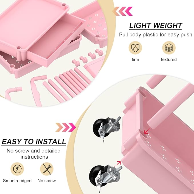 Goovilla 3 Tier Rolling Utility Cart Organizer with Removable Drawer, Pink | Stable and Sturdy Rolling Storage Carts with 2 Lockable Wheels for Bathroom, Kitchen, Snack, Craft, Makeup, Baby Essentials - Image 3