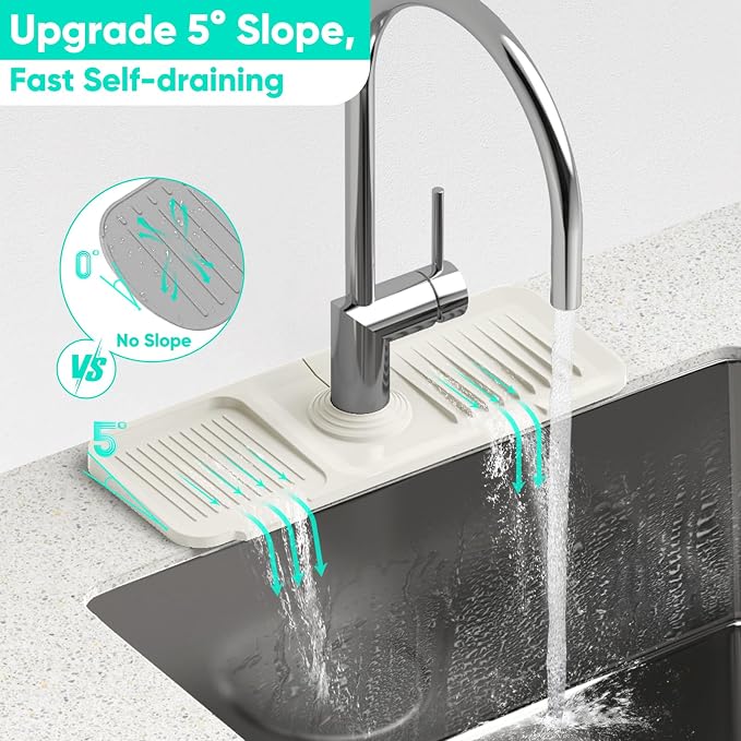 14.6 inch Faucet Mat for Kitchen Sink [5°Slope Fast Self-draining] Faucet Mat Kitchen Sink Splash Guard Silicone Sink Splash Guard Kitchen Sink Area Tidy Splash Faucet Guard Draining Mat-Beige - Image 2