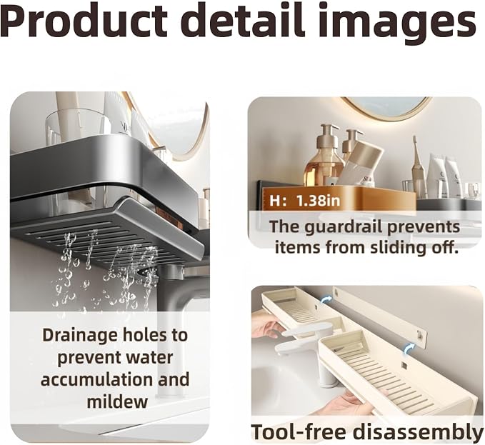Over The Sink Bathroom Shelf Organizer, No-Drill Countertop Caddy for Toiletries & Skincare, Rust-Proof Carbon Steel & Aluminum, Fits Most Faucets (Gray, 19.68inch) - Image 7