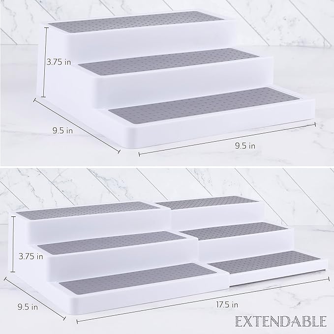Oizeir 3-Tier Expandable Spice Rack Organizer for Cabinet, White/Grey | Expandable Plastic Spice Rack Organizer, Adjustable Length 3 Tiers, Non-Skid Shelf, Cabinet Pantry Countertop, White/Grey - Image 2