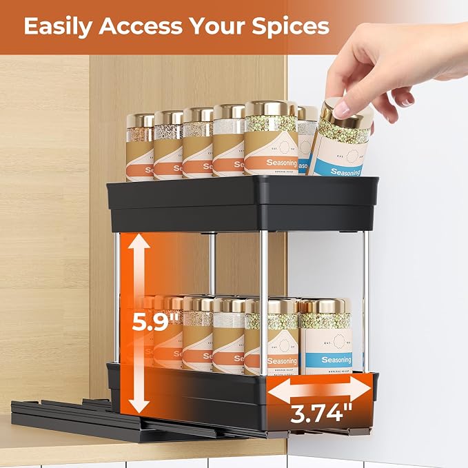 Pull Out Spice Rack Organizer for Cabinet, 3 Pack 2 Tier Sliding Spice Rack | Dual Rail, Slide Out Seasoning Organizer for Kitchen Cabinets, No Drill Installation, Space Saving Cabinet Storage Organizer - Image 5