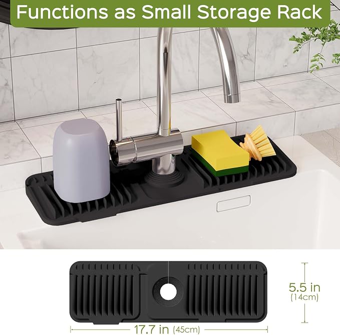 18 Inch Silicone Faucet Mat for Kitchen Sink Splash Guard – 2025 Upgraded Draining Mat with Water Tray Behind Faucet – Countertop Protectors to Catch Spills (Black, 17.7" x 5.5") - Image 4