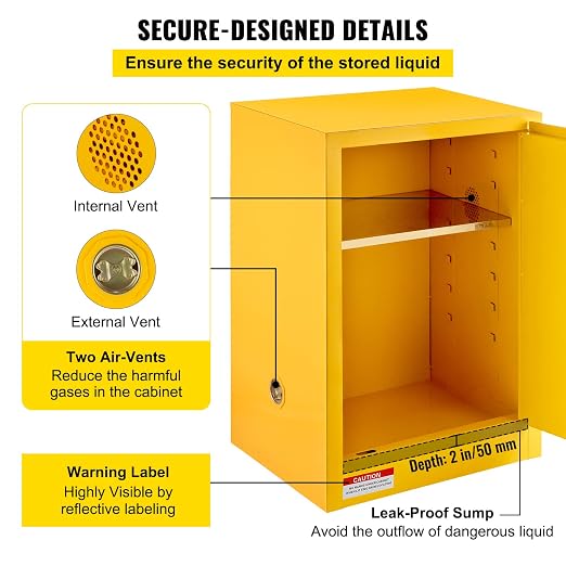 VEVOR Flammable Cabinet, 18" x 18" x 35", Yellow | Galvanized Steel, Safety Cabinet, Adjustable Shelf, Commercial, Industrial, Home Use - Image 7