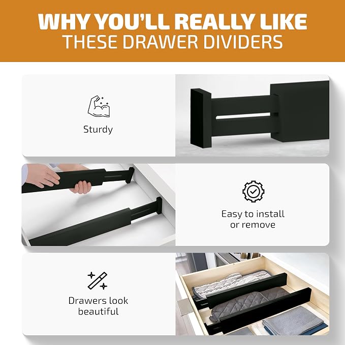 6-Pack Drawer Dividers 2.6-Inch High Dresser Organizer 16 to 22 Inch, Black | Bamboo, Spring Loaded, No Tools Needed, Fits Wide Drawers for Socks, Clothes, Utensils, Bedroom, Bathroom, Kitchen, Office - Image 8