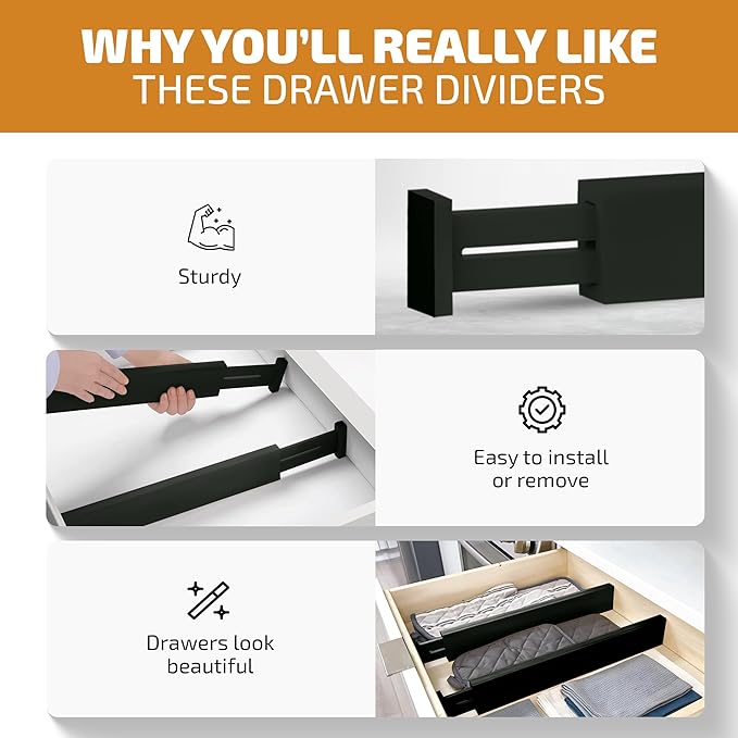 4-Pack Drawer Dividers 2.6-Inch High Dresser Organizer 16 to 22 Inch, Black | Bamboo, Spring Loaded, No Tools Needed, Fits Wide Drawers for Socks, Clothes, Utensils, Bedroom, Bathroom, Kitchen, Office - Image 4