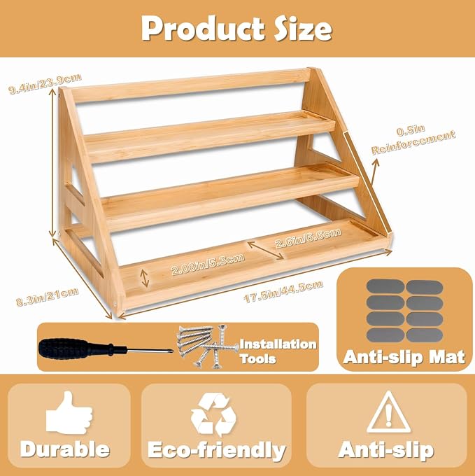 Bamboo Tier Spice Rack Organizer: 17.5 Inch Wide Kitchen Cabinet Countertop Spice Jar Organizer for Home Organization - Image 4